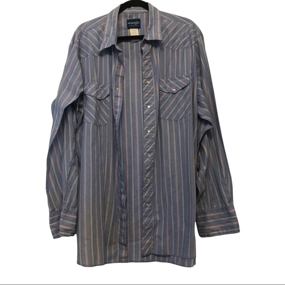 Wrangler Light Blue Red & White Striped Long Sleeve Button Down Shirt - Picture 1 of 6